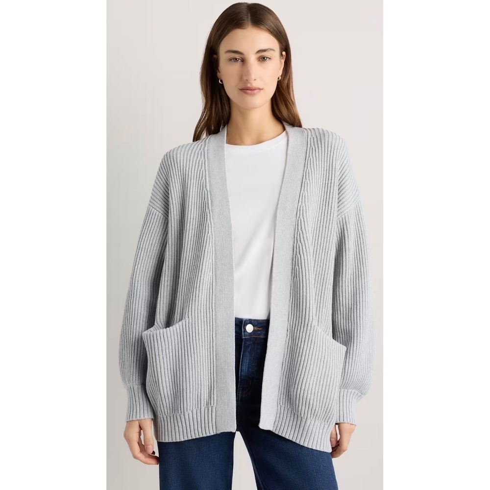 Quince Organic Cotton Oversized Cardigan Grey Ribbed Knit Open Front Sweater L